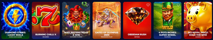 Sélection de machines à sous du casino Nine avec Diamond Strike, Burning Chilli X, Mad Jesters, Gates of Olympus 2500, Obsidian Rush, 4 Pots Riches et 3x3 Royal Piggy